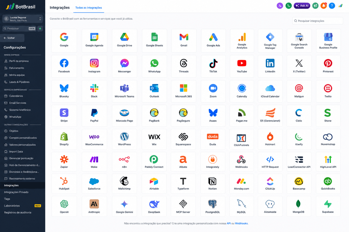 Integrações nativas via API com CRMs, ERPs e marketplaces — BotBrasil para construtoras