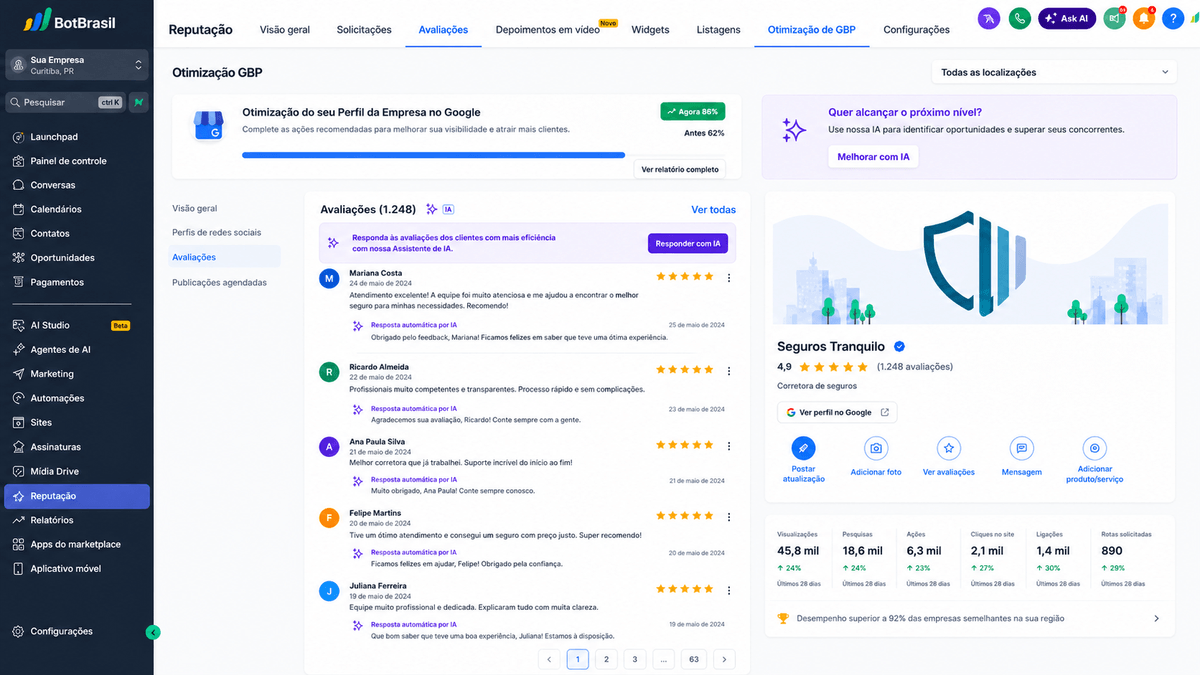 Painel de reputação online da BotBrasil com avaliações do Google, NPS e respostas automáticas — BotBrasil para corretoras